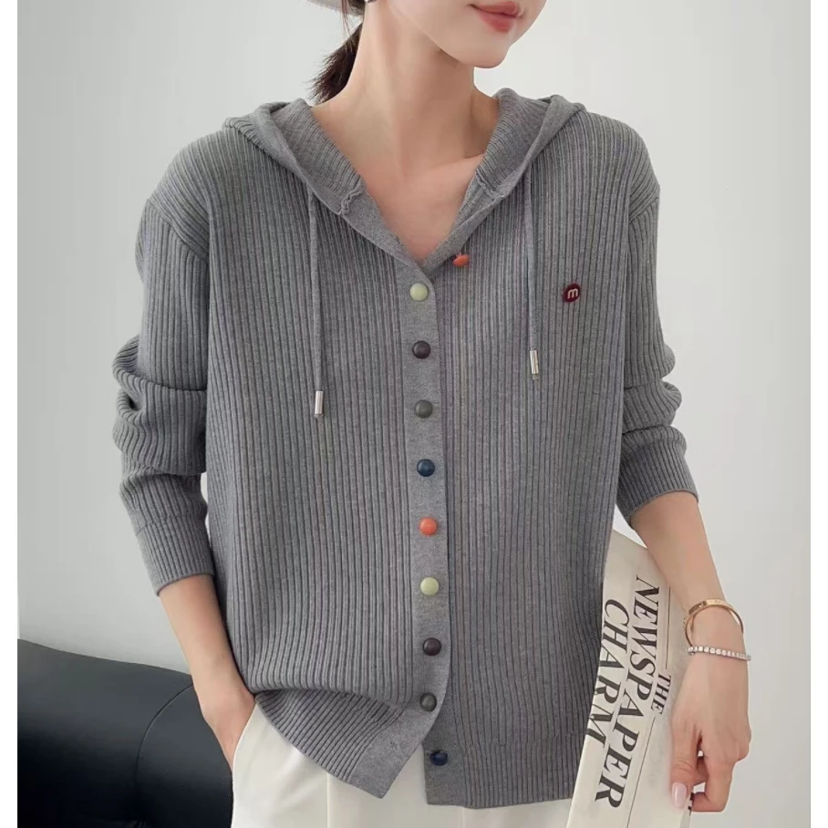 2025新款休闲彩扣针织开衫长袖秋冬百搭连帽上衣宽松时尚毛衣外套