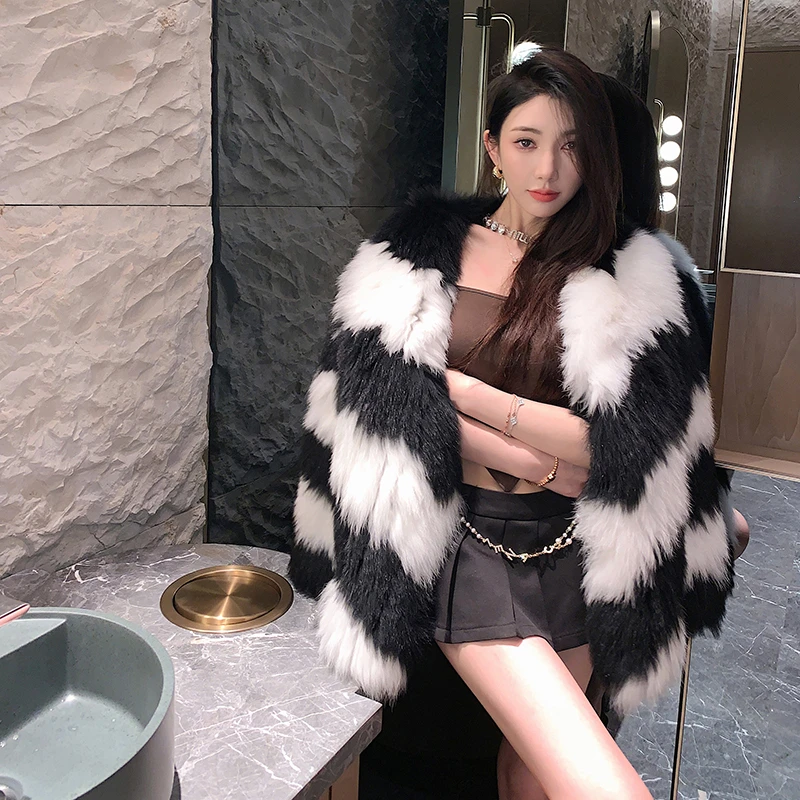 瑞秋皮草网红名媛同款新款进口狐狸毛黑白撞色皮草外套女年轻款