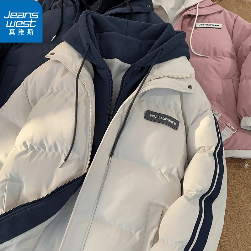 真维斯新款假两件棉衣男女同款保暖棉服冬装加厚连帽情侣外套A