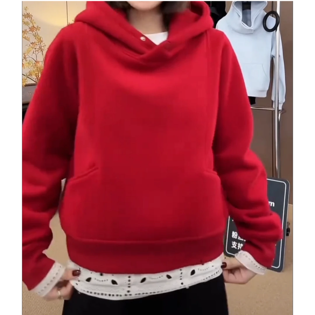 加绒卫衣女一粒扣2024新款冬季正肩隐形口袋时尚短款连帽上衣