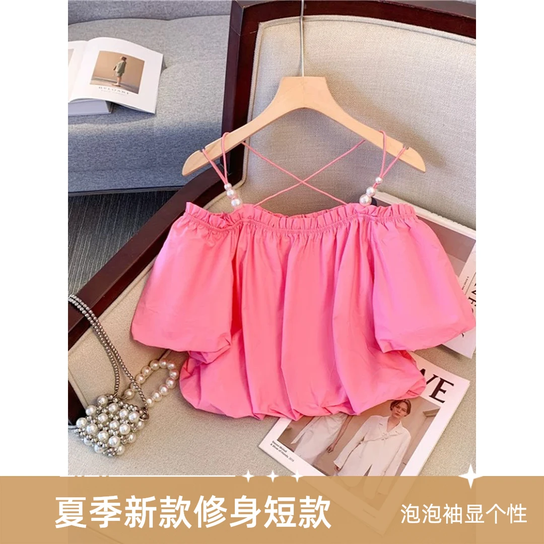 【素境】2015夏季时髦泡泡袖露肩吊带衬衫新款设计感一字肩修身短款