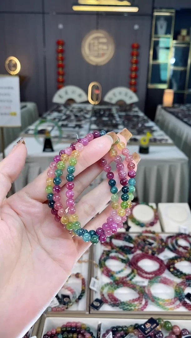 未镶嵌老矿碧玺彩虹三圈手串5mm+碧玺多样性发一条带证书dan