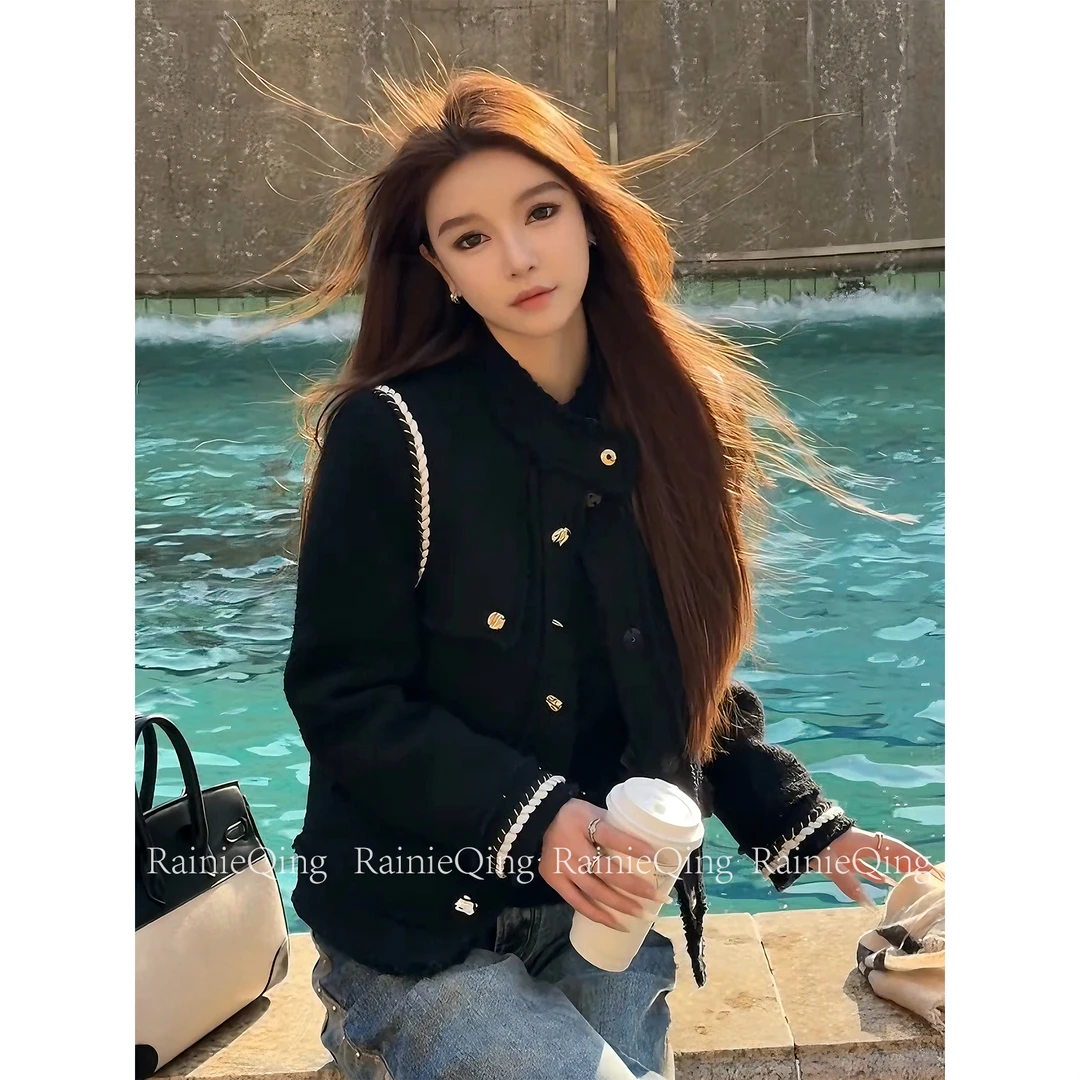 RainieQing【杜松子夜】经典配色设计感织带充绒立领羽绒服外套女