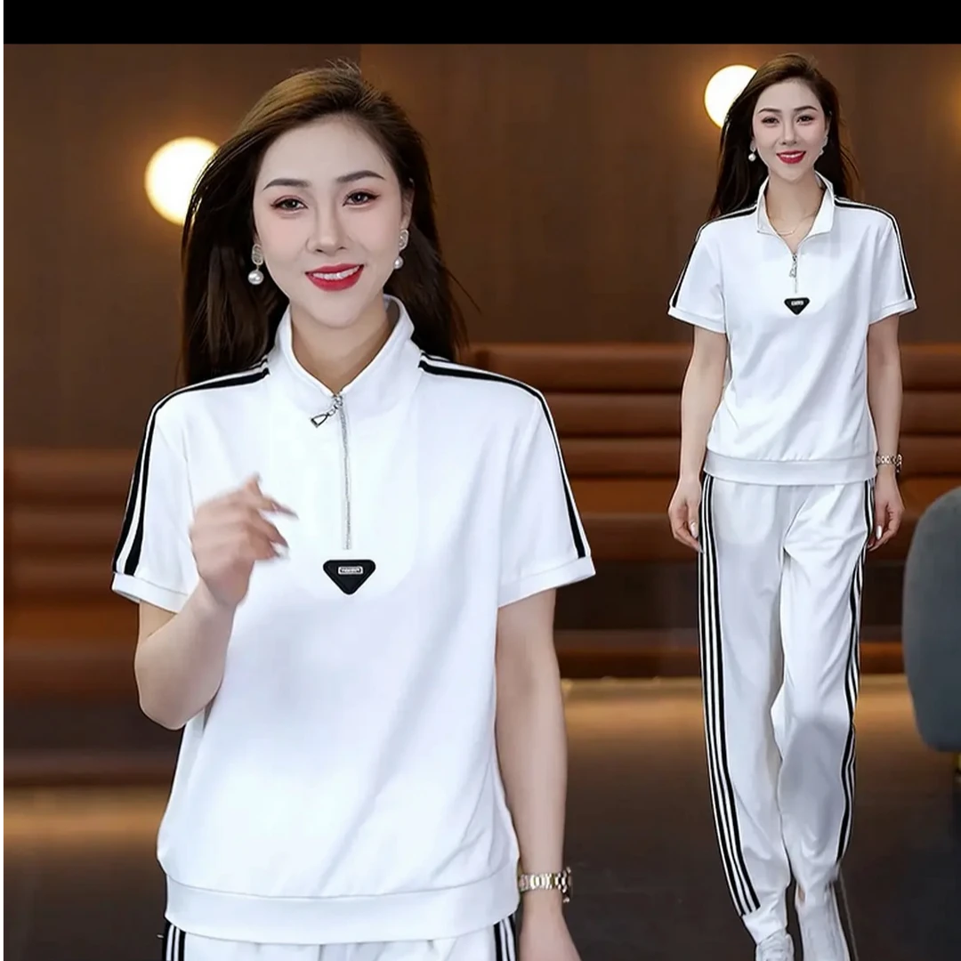 休闲运动套装显瘦长裤女士夏装短裤洋气减龄时尚中老年套装8913