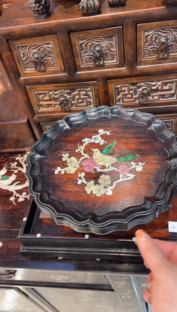 木木头款紫檀圆形镶嵌花鸟茶盘