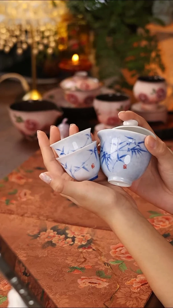 手绘青花竹1盖碗2杯