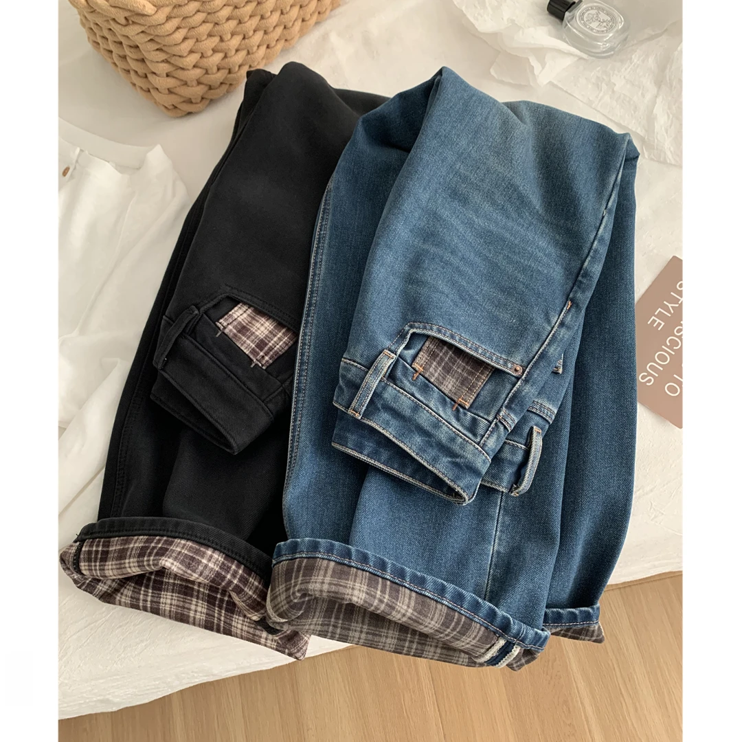 复古格纹翻边直筒牛仔裤女秋冬加绒梨形身材遮胯显瘦窄版阔腿裤