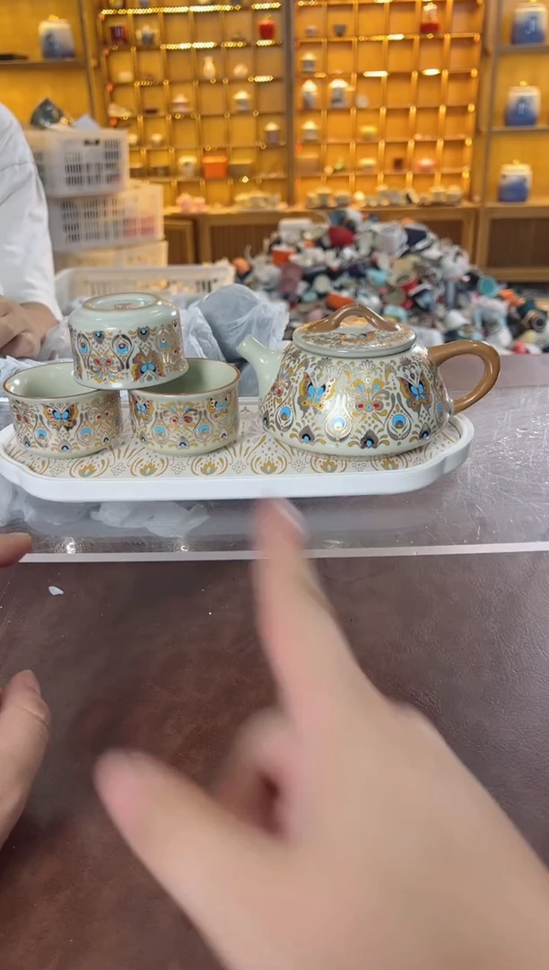 瓷片鸣盏居11111111金银错石瓢壶套组+茶盘