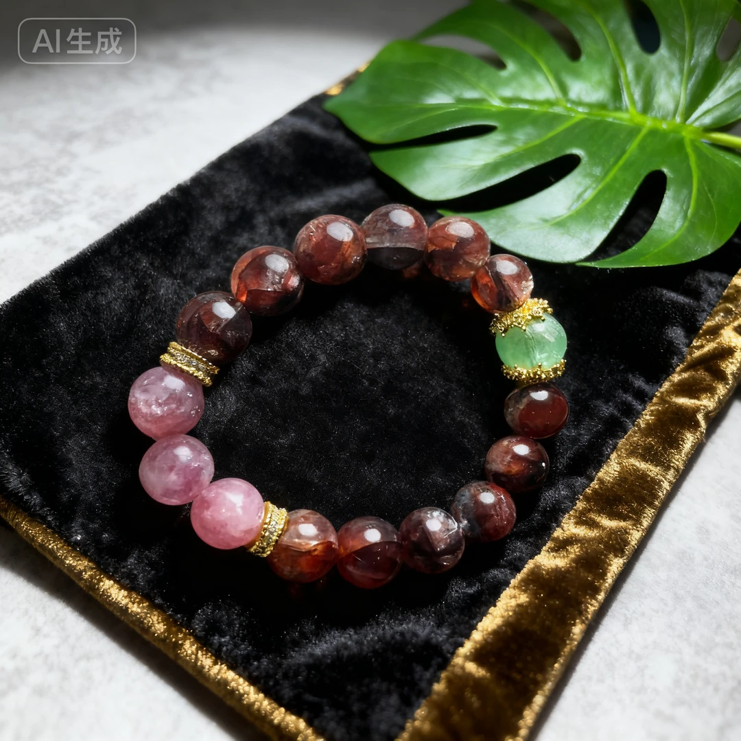 【三少人文晶典】天然粉紫祖母晶+红胶花水晶+绿萤石设计手链