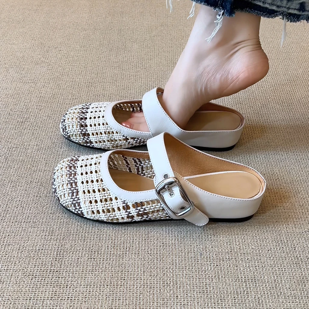 RubyL/3cm夏季新款居家外穿内增高圆头拼色编织镂空透气包头拖鞋