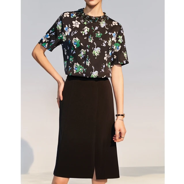 桑蚕丝印花套头小衫~圆领小碎花百搭透气亲肤短袖t恤女2570