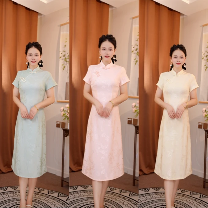 旗开得胜  早秋新中式不开叉单层中长款小个子改良送考绿色旗袍裙