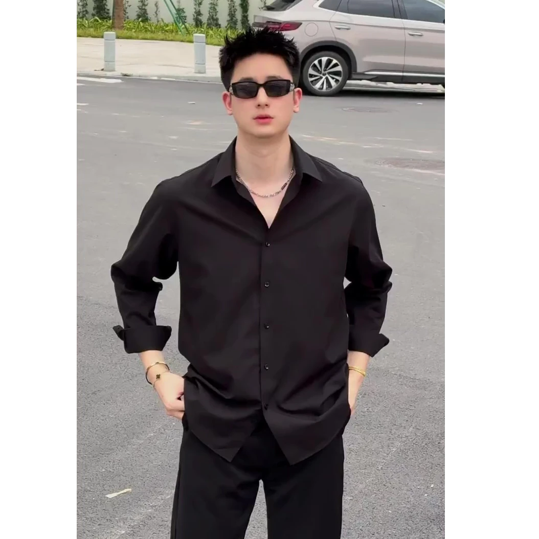 黑色痞帅冰丝衬衫男士潮牌高级感痞帅商务休闲西装内搭长袖衬衣