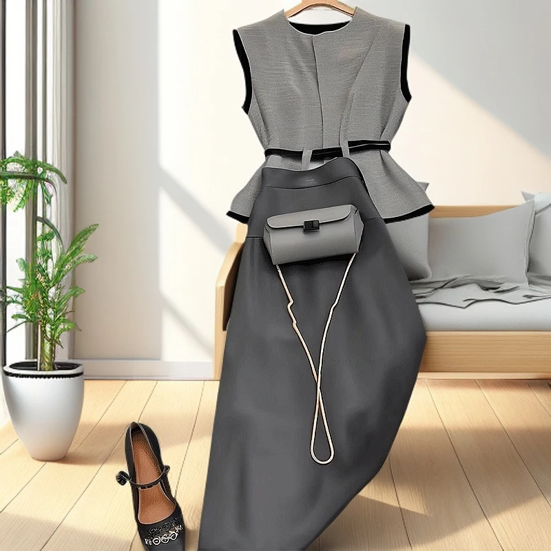 2025春季通勤风女神范气质高级感无袖灰色马甲收腰显瘦半身裙套装