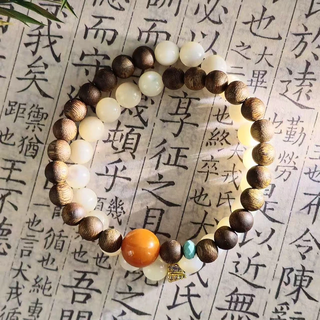 沉香沉香白贝壳珠双圈手链新中式简约