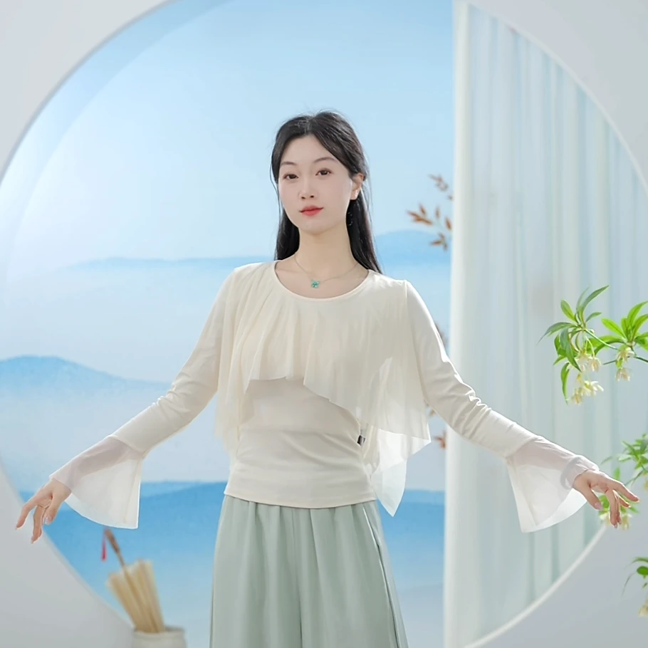 3749 D新款练功披肩款式长袖上衣前后网纱设计感小众时尚日常款