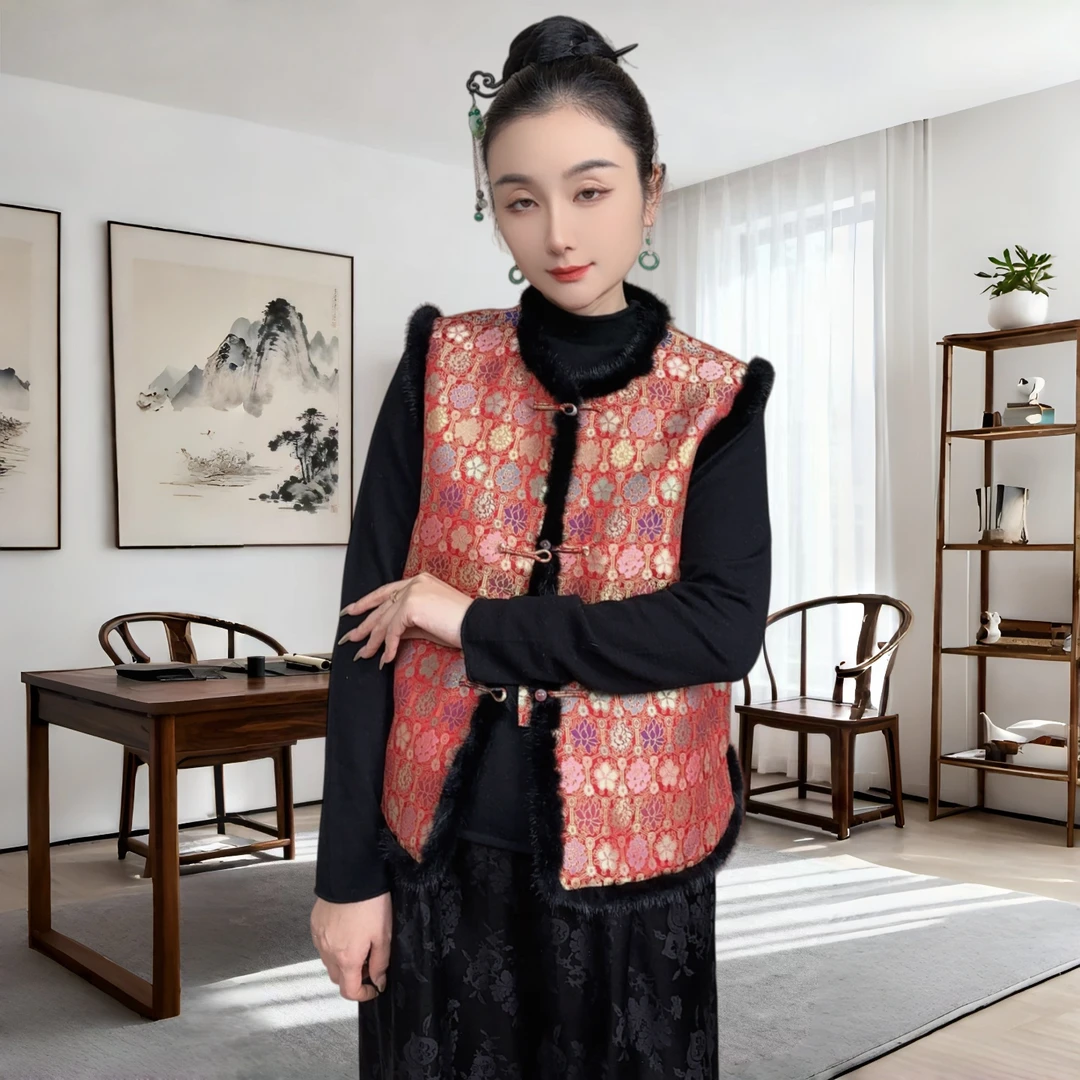 沁月新中式国风100%桑蚕丝宋锦真水貂毛红色2025冬新款夹棉马甲