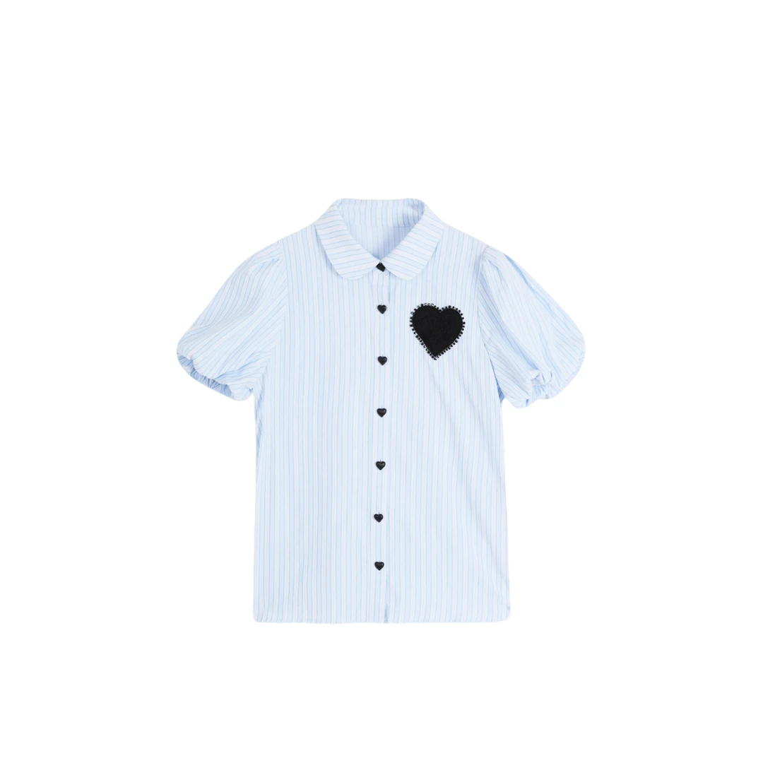 夏季翻领爱心袖章条纹衬衫泡泡袖设计上衣女OK0404