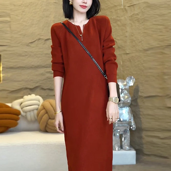 YY3过膝V领针织长袖连衣裙女2024年秋季新款轻奢气质长裙