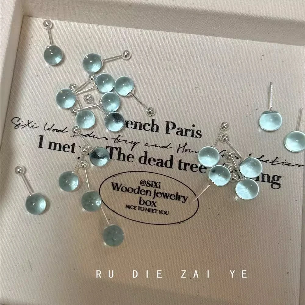 铜合金耳饰 蓝色海盐泡泡耳钉圆珠螺丝耳骨钉清透感冷淡风耳饰女