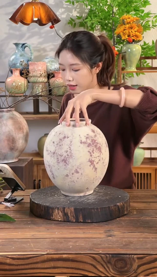 斑点红月亮罐】侘寂风斑驳陶罐水培陶瓷花瓶【口10直径24高24.5cm】