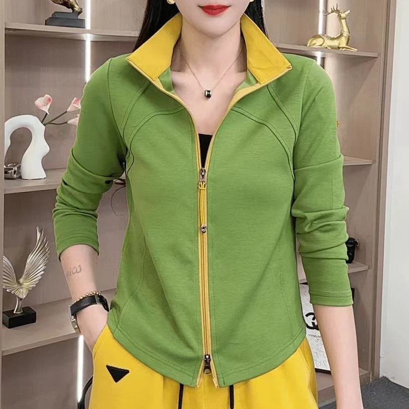 2025春季新款时尚拉链立领开衫显瘦百搭撞色中年妈妈装大码上衣