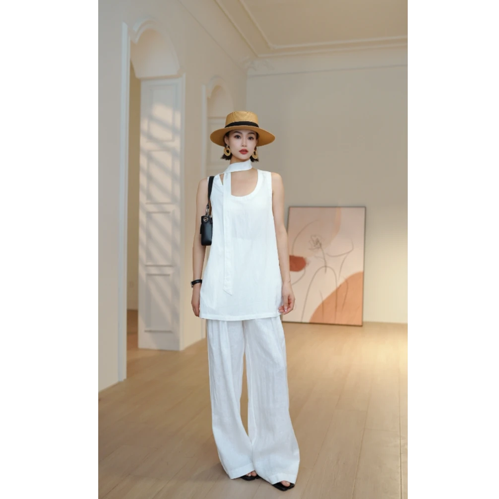 欧洲站2025夏季新款时尚百搭圆领宽松显瘦飘带背心吊带衬衫FZ233