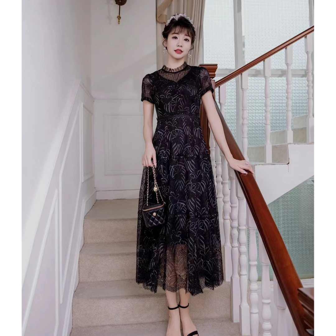 雷丝连衣裙L9236新款长裙印花时尚刺绣短袖法式收腰净色木耳领