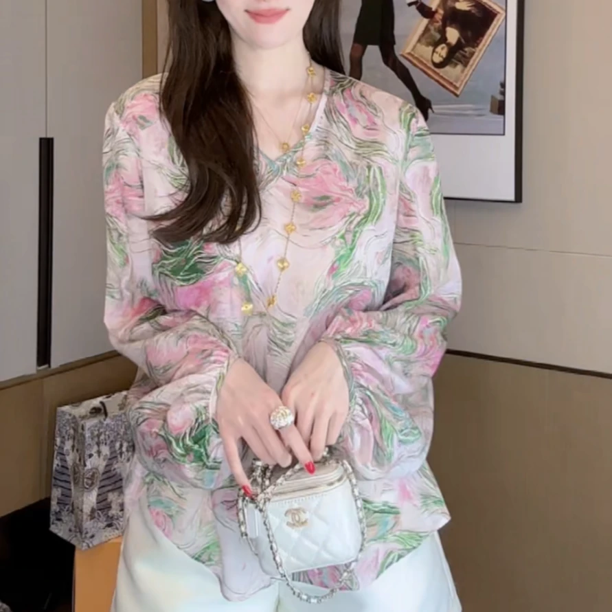 【丝芙玉禄】（F517）100%真丝双绉创意印花彩色桑蚕丝t恤上衣