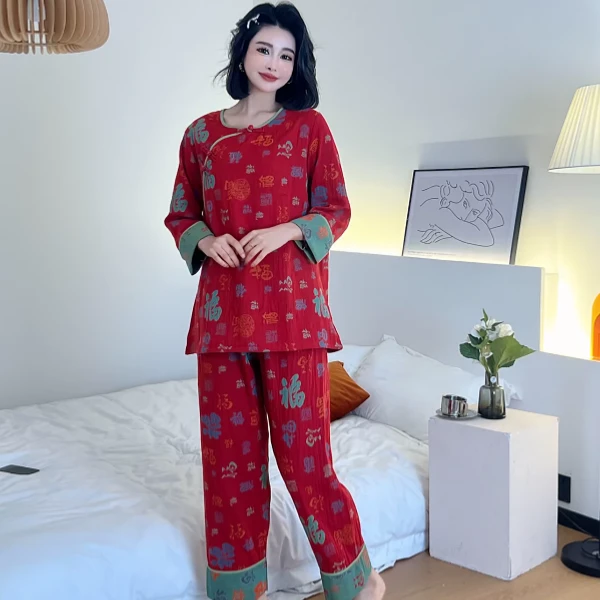 新款百福棉中式国风睡衣织提女士双层纱大码宽松家居服睡衣两件套