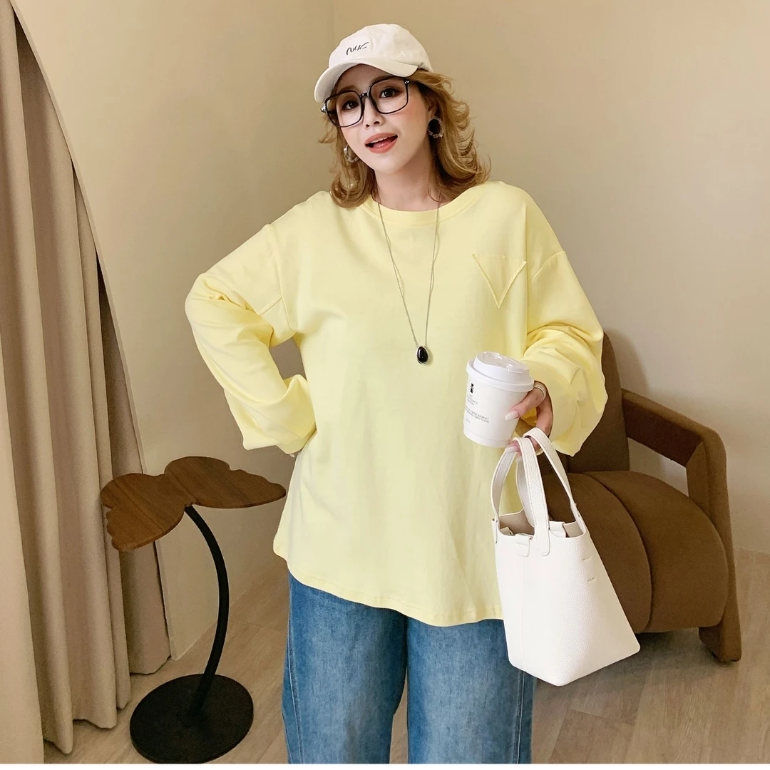 媛子大码【柠檬黄】设计感T恤韩版百搭宽松圆领时尚小众春季上衣