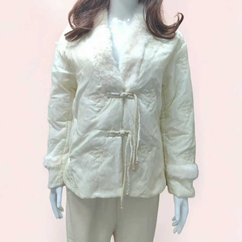 （白雪公主）V领长袖复古唐装优等品网红刺绣标准型百搭棉服秋冬