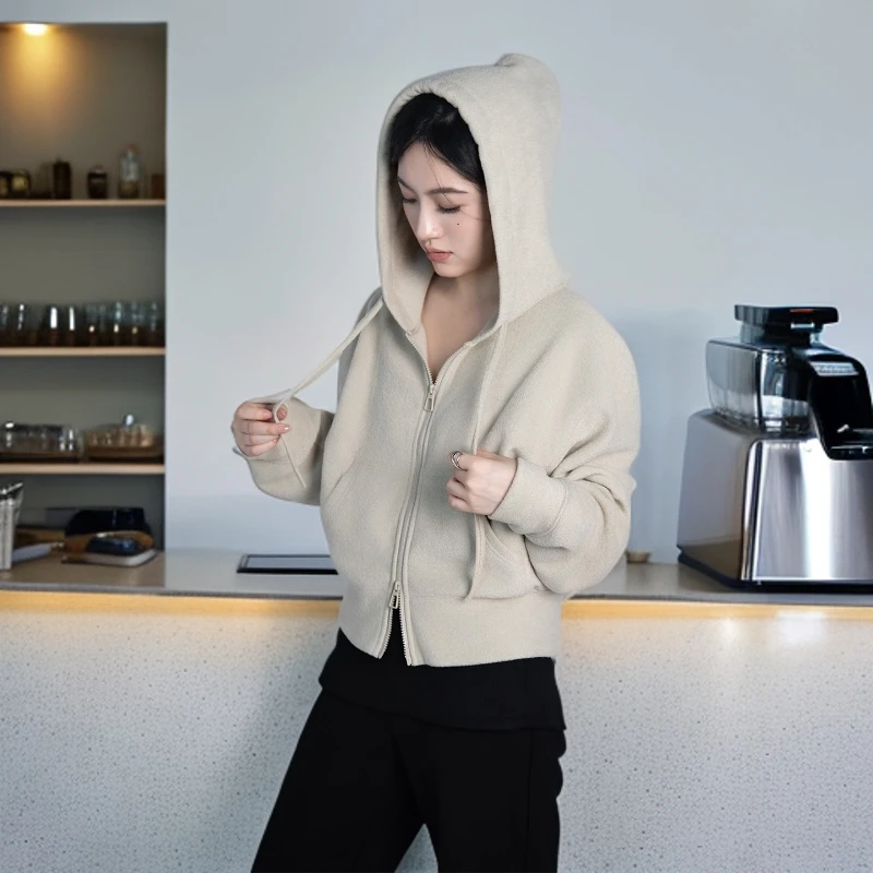 ES 秋季新款短款拉链卫衣女外套韩版灰色连帽修身开衫H25WT053NJ