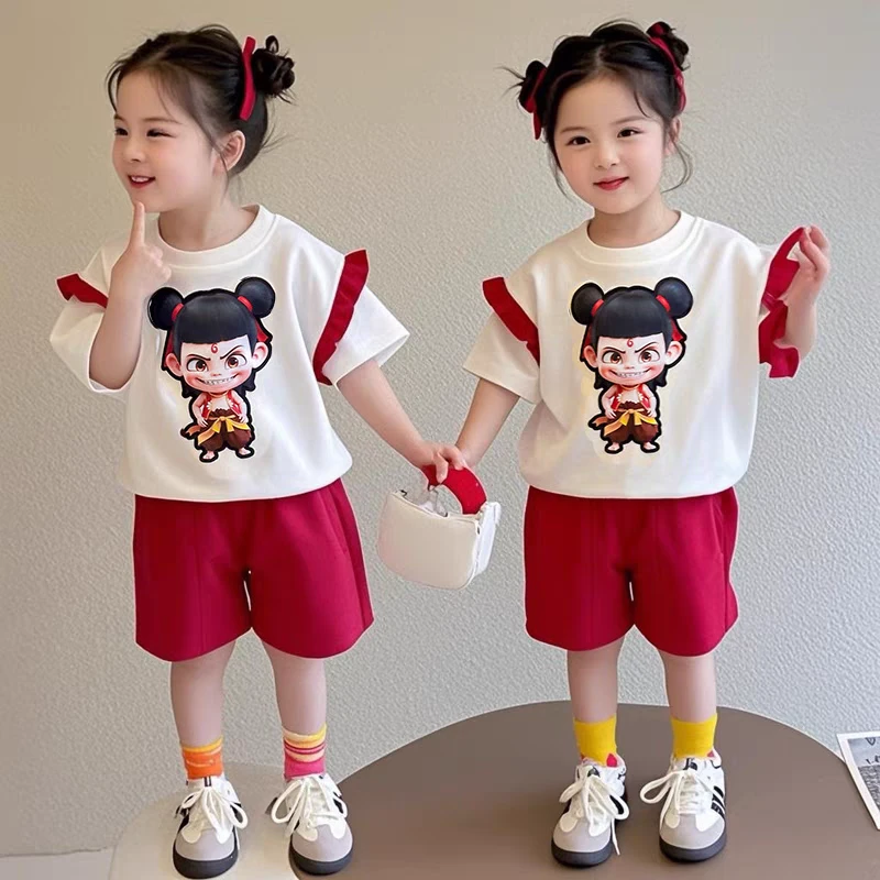 女童夏季短袖套装2025新款小女孩儿童哪吒服装宝宝运动夏装两件套