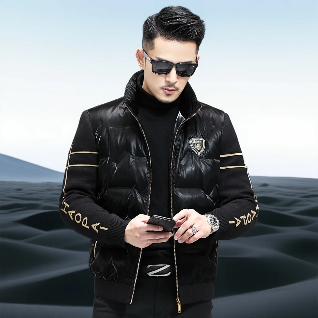 巴赛娜缇男士羽绒服短款冬季立领亮面针织袖拼接潮流男装保暖外套