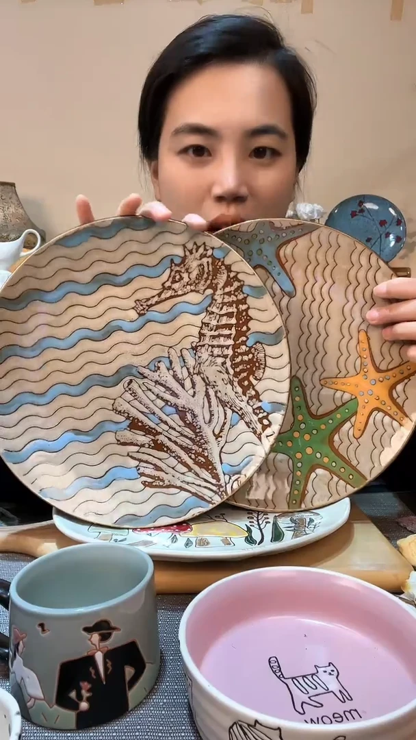 【闪购商品】瓷片2个10.5英寸手绘盘 介意勿拍