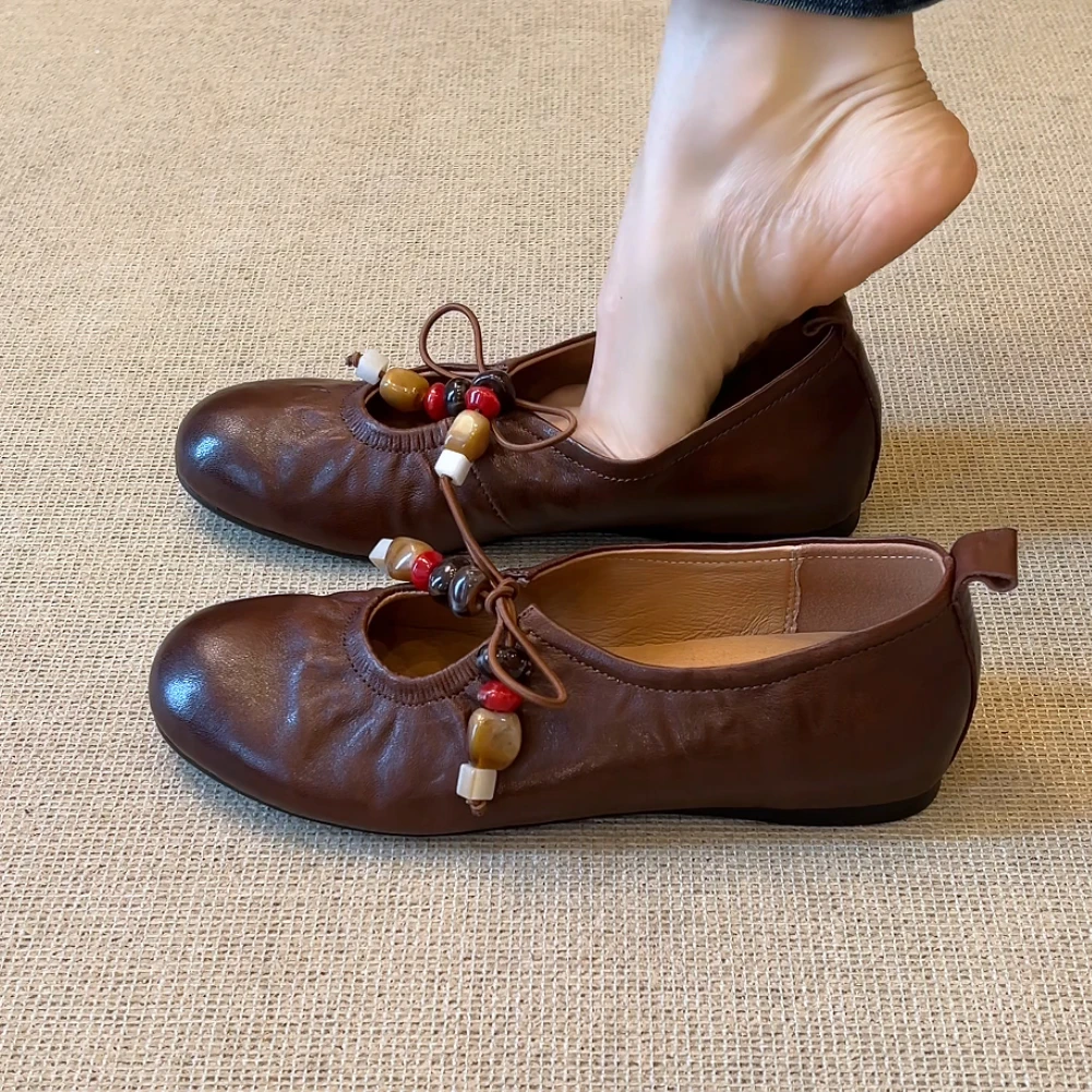 RubyL/2cm小众复古百搭拼色串珠系带镂空圆头浅口内增高单鞋女款