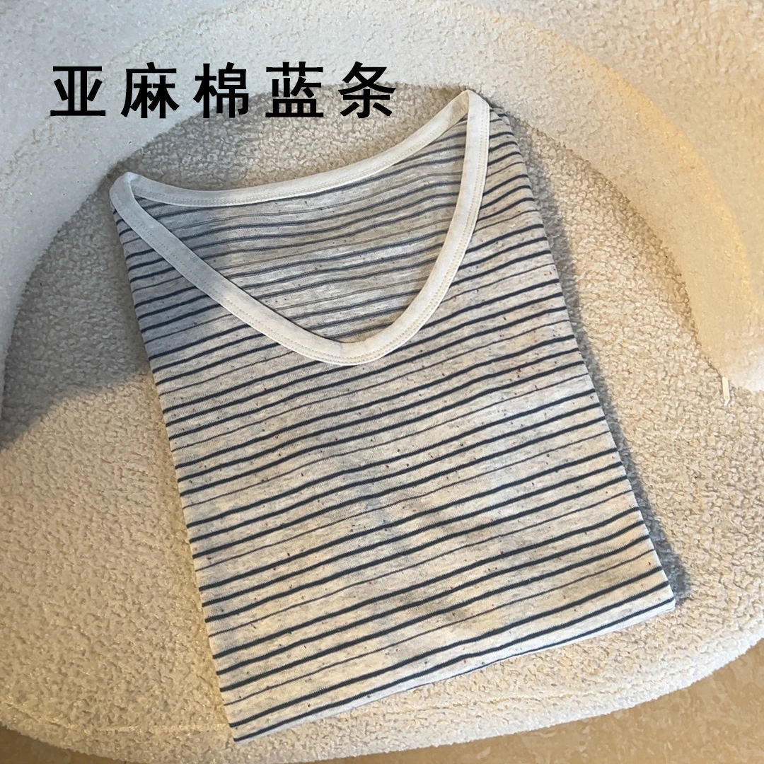 亚麻棉鹅蛋领条纹T恤女款夏季薄款显瘦透气休闲