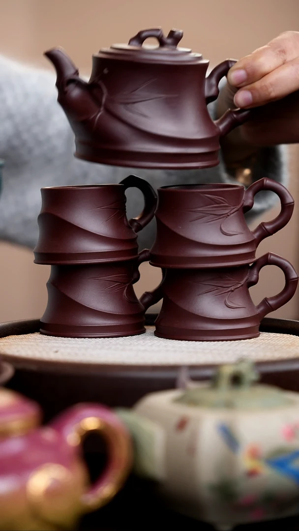 茶壶紫砂老紫泥竹节壶+配套同款手把杯*4