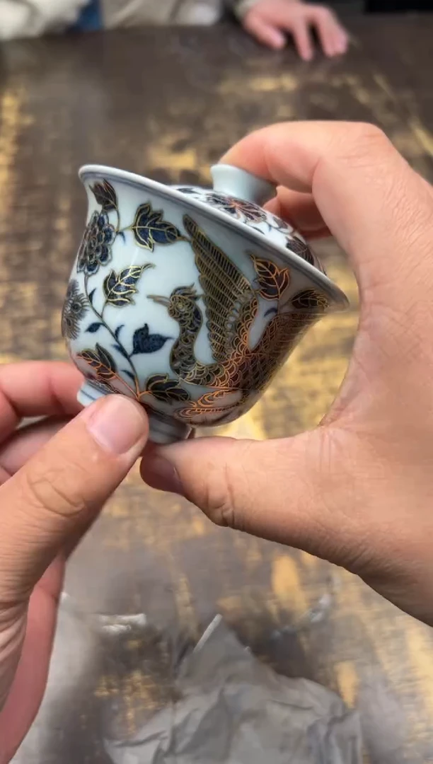 【闪购商品】/戏墨柴窑缠枝四季花卉描金孔雀凤纹二才盖碗