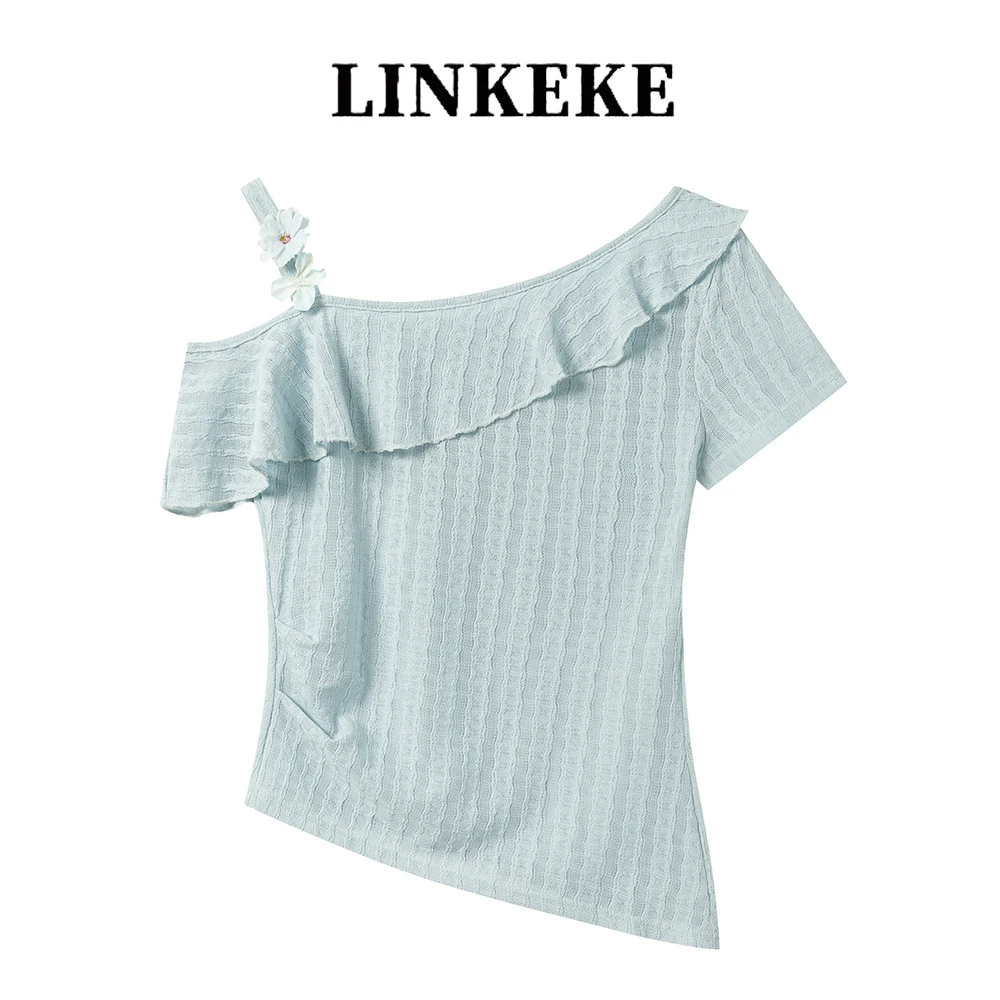 2025夏季蓝色设计感斜领露肩荷叶边立体花吊带t恤女纯欲短袖上衣