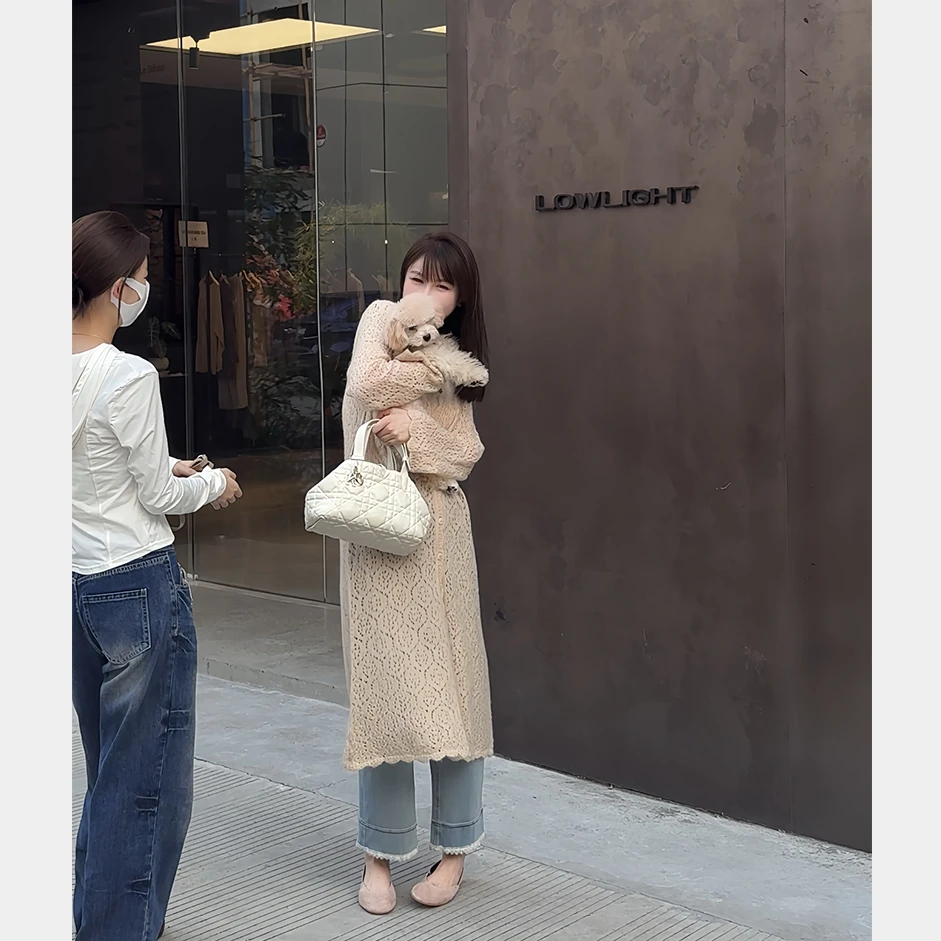 MYRA“毛绒绒”安哥拉山羊毛V领镂空长款开衫外套罩衫女秋XM025211