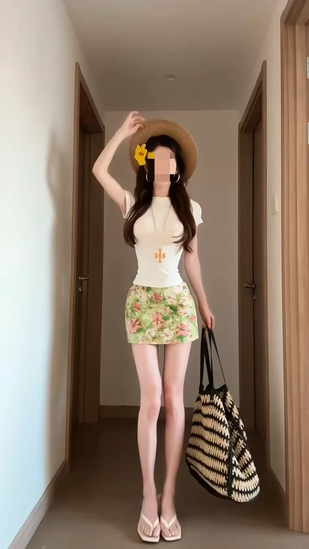 韩系温柔甜美纯色短袖圆领T恤衣高腰显瘦碎花包臀半身短裙两件套