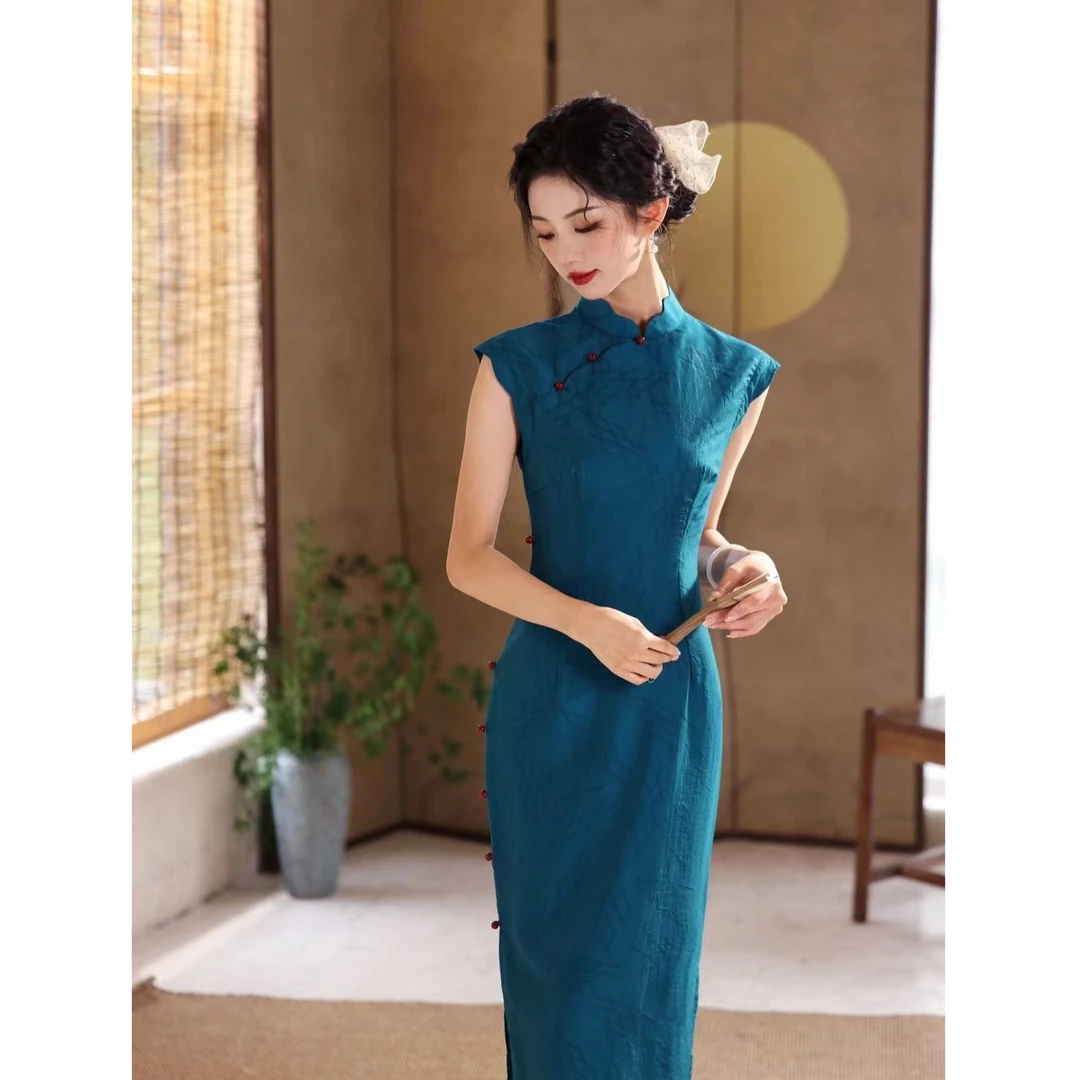 【蓝调】夏季新款旗袍复古气质优雅显瘦旗袍裙
