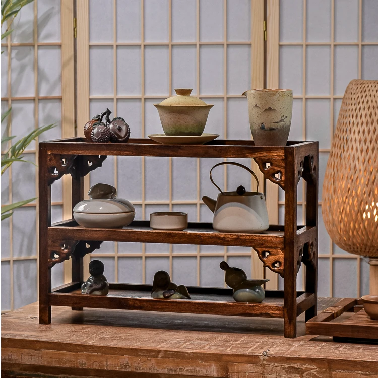 泰式柚木梯形置物架收纳架客厅卧室家用牢固复古博古架实木质感