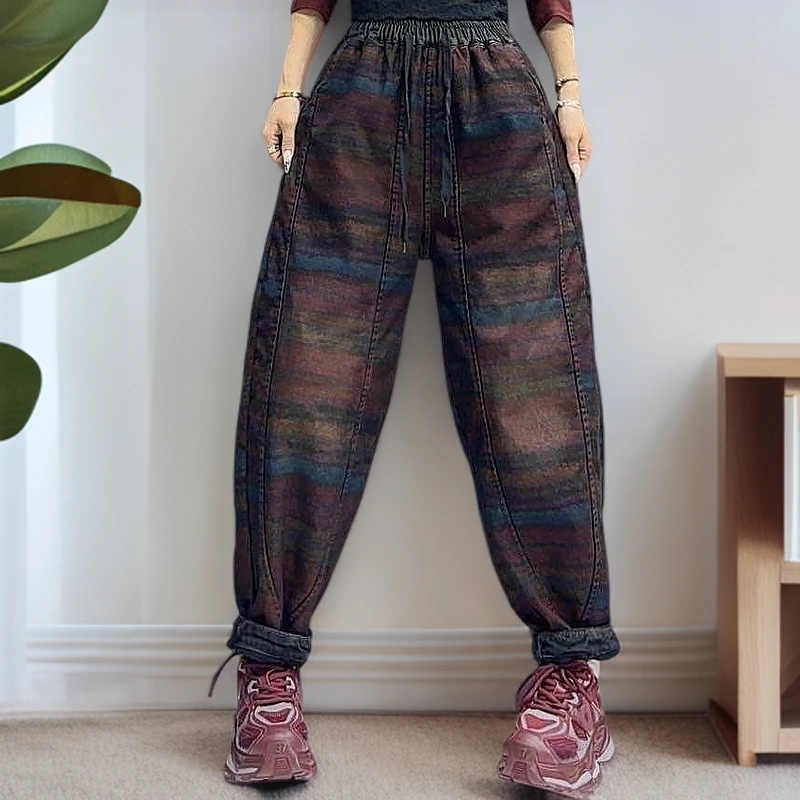 【加绒加厚】彩虹色冬季新款松紧腰哈伦裤水洗保暖牛仔裤女 58339