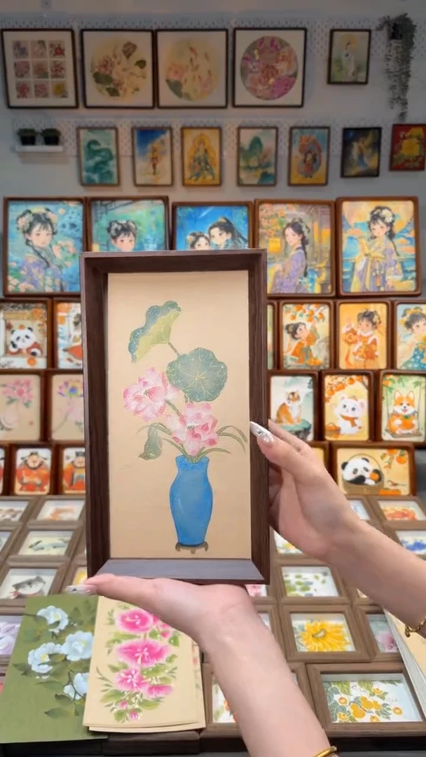 国画蓝瓶双荷花 手绘国画27