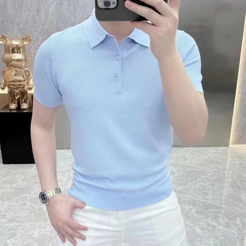 欧货针织短袖男士时尚休闲夏季半袖POLO冰丝翻领百搭上衣纯色薄款