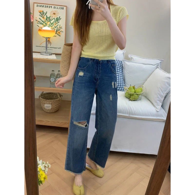 夏季清凉感破洞毛边裤~小个子显瘦遮胯宽松直筒牛仔裤