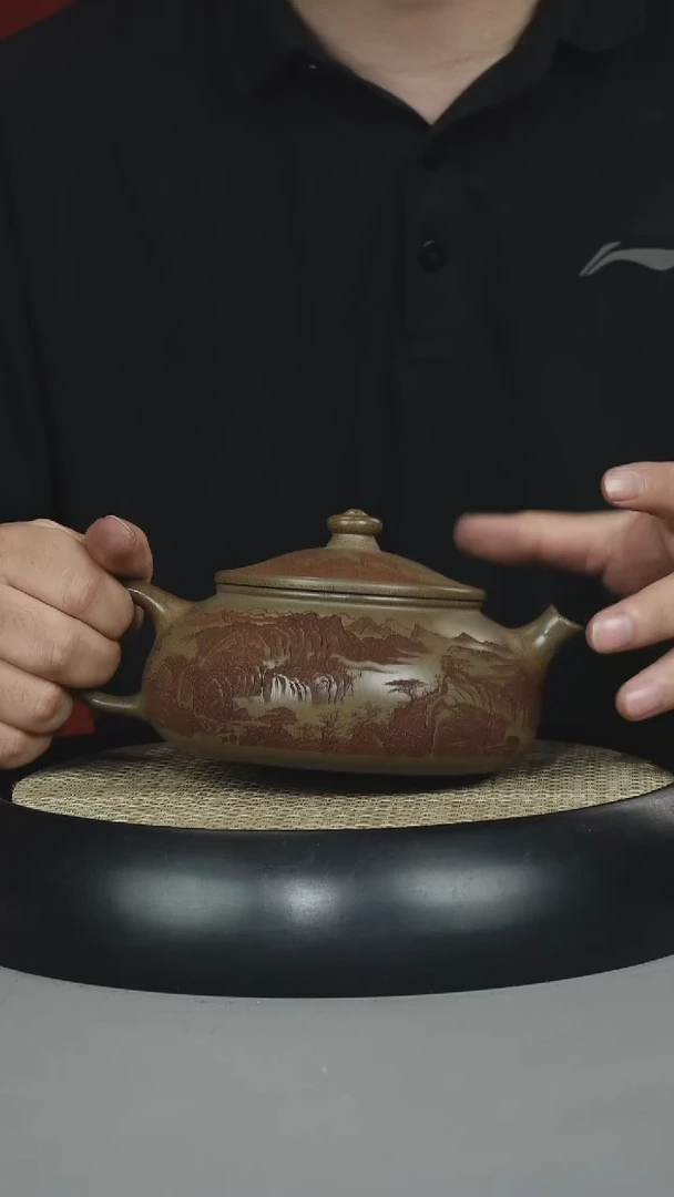 茶壶紫砂云雾沉香泥 寒江 刻绘山水